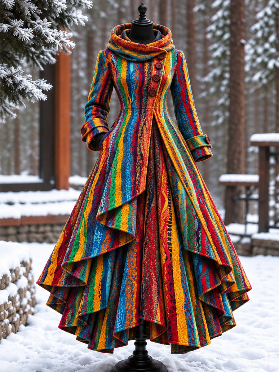 Women’s Vintage High-Collar Asymmetrical Double-Layer Hem Long Maxi Coat