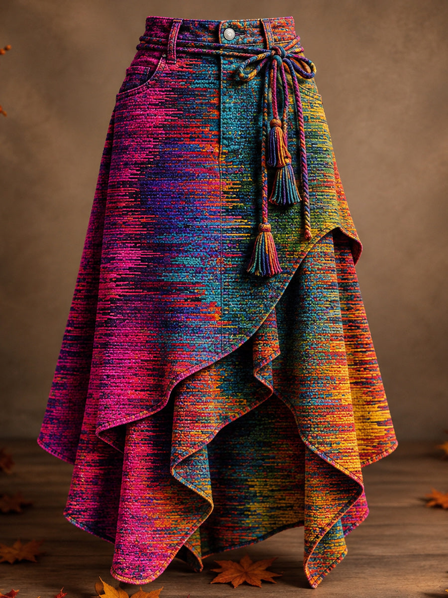 Women's Retro Style Art Print Irregularly Layered Stitched Skirt