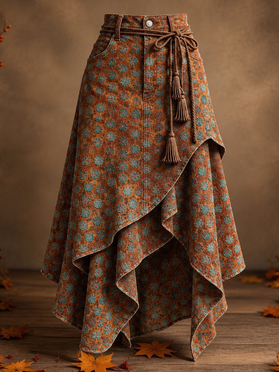 Women's Retro Style Art Print Irregularly Layered Stitched Skirt