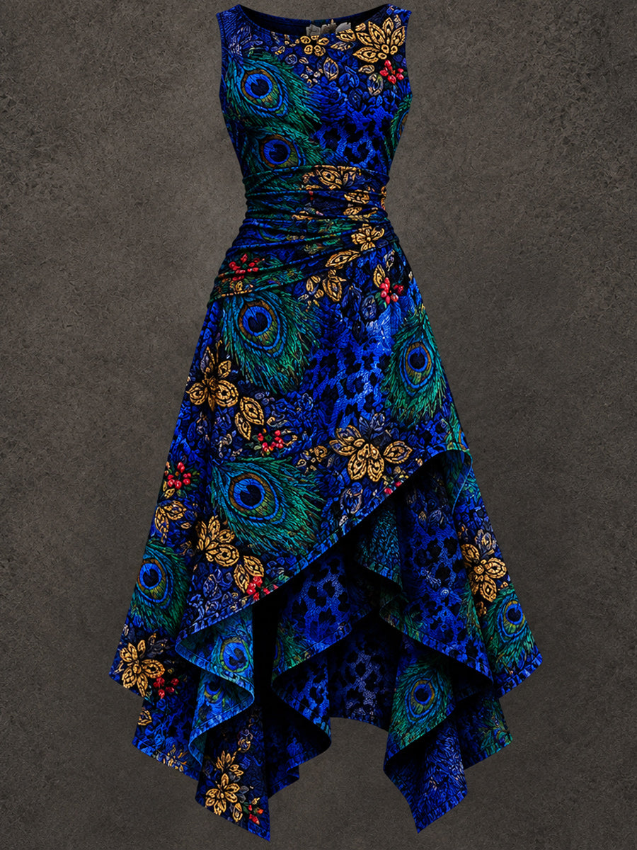 Retro Art Printed Vintage Sleeveless Irregularly Layered Stitched Midi Dress
