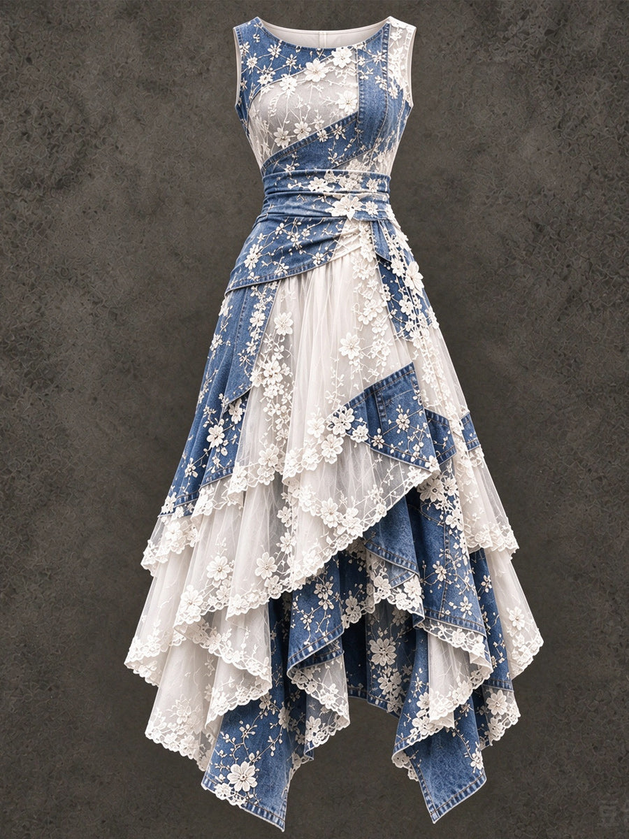Retro Art Printed Vintage Sleeveless Irregularly Layered Stitched Midi Dress