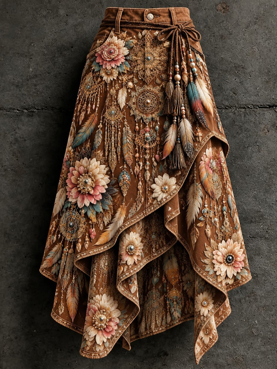 Women's Retro Style Art Print Irregularly Layered Stitched Skirt