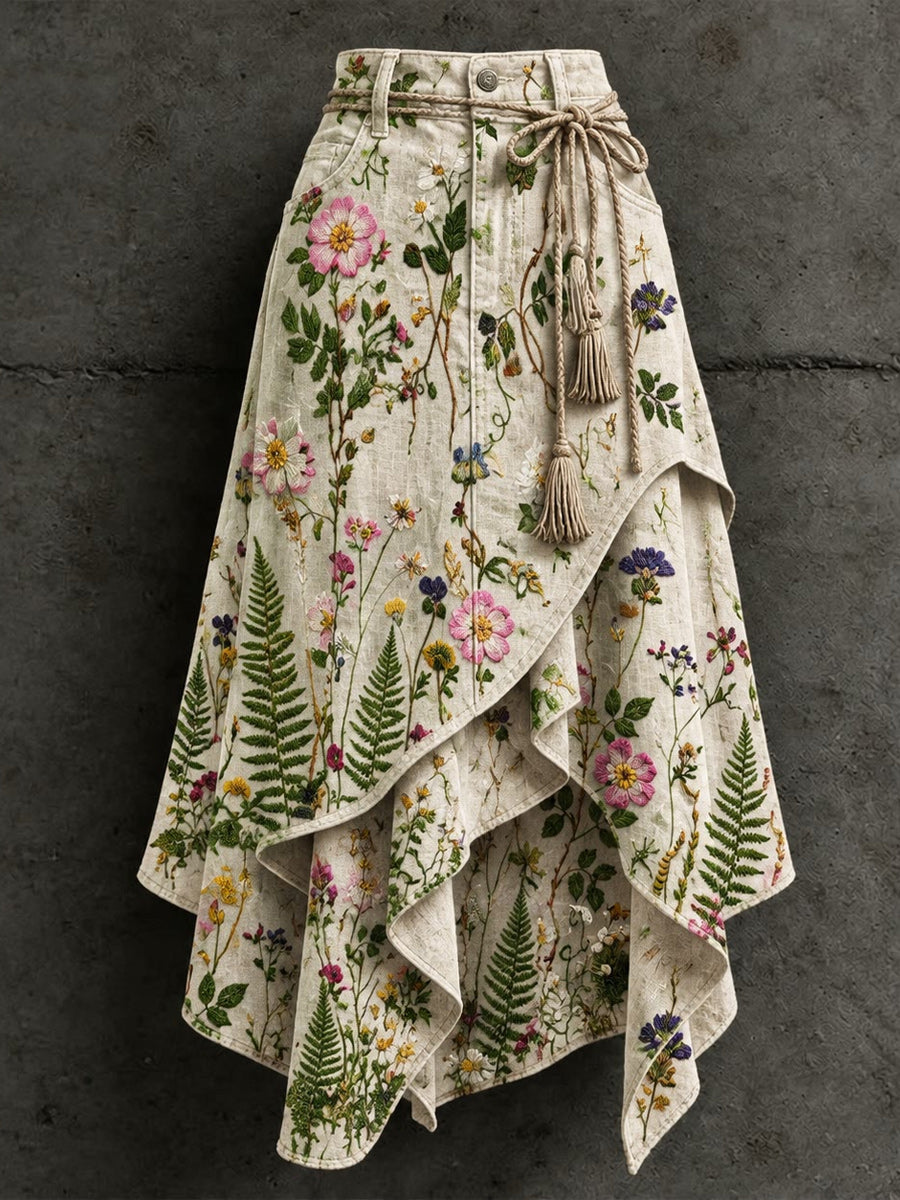 Women's Retro Style Art Print Irregularly Layered Stitched Skirt