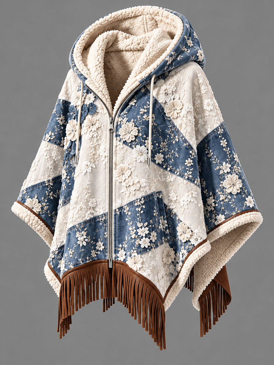 Women's Fall Winter Vintage Art Fleece-Lined Hooded Fringe Poncho