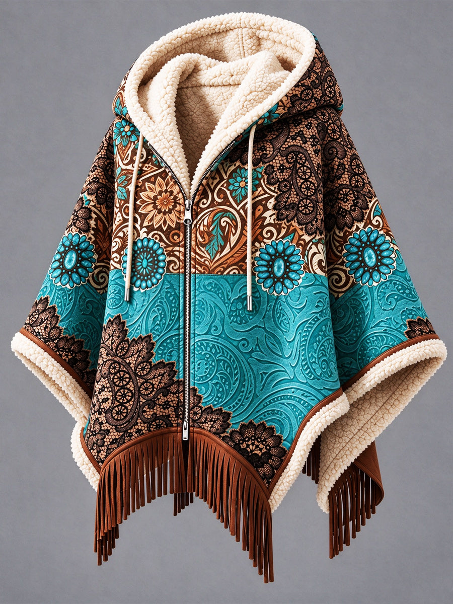 Women's Fall Winter Vintage Art Fleece-Lined Hooded Fringe Poncho
