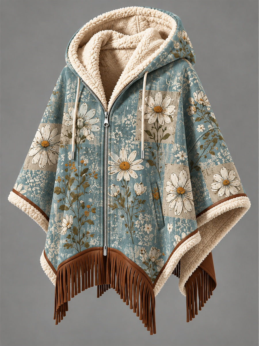 Women's Fall Winter Vintage Art Fleece-Lined Hooded Fringe Poncho
