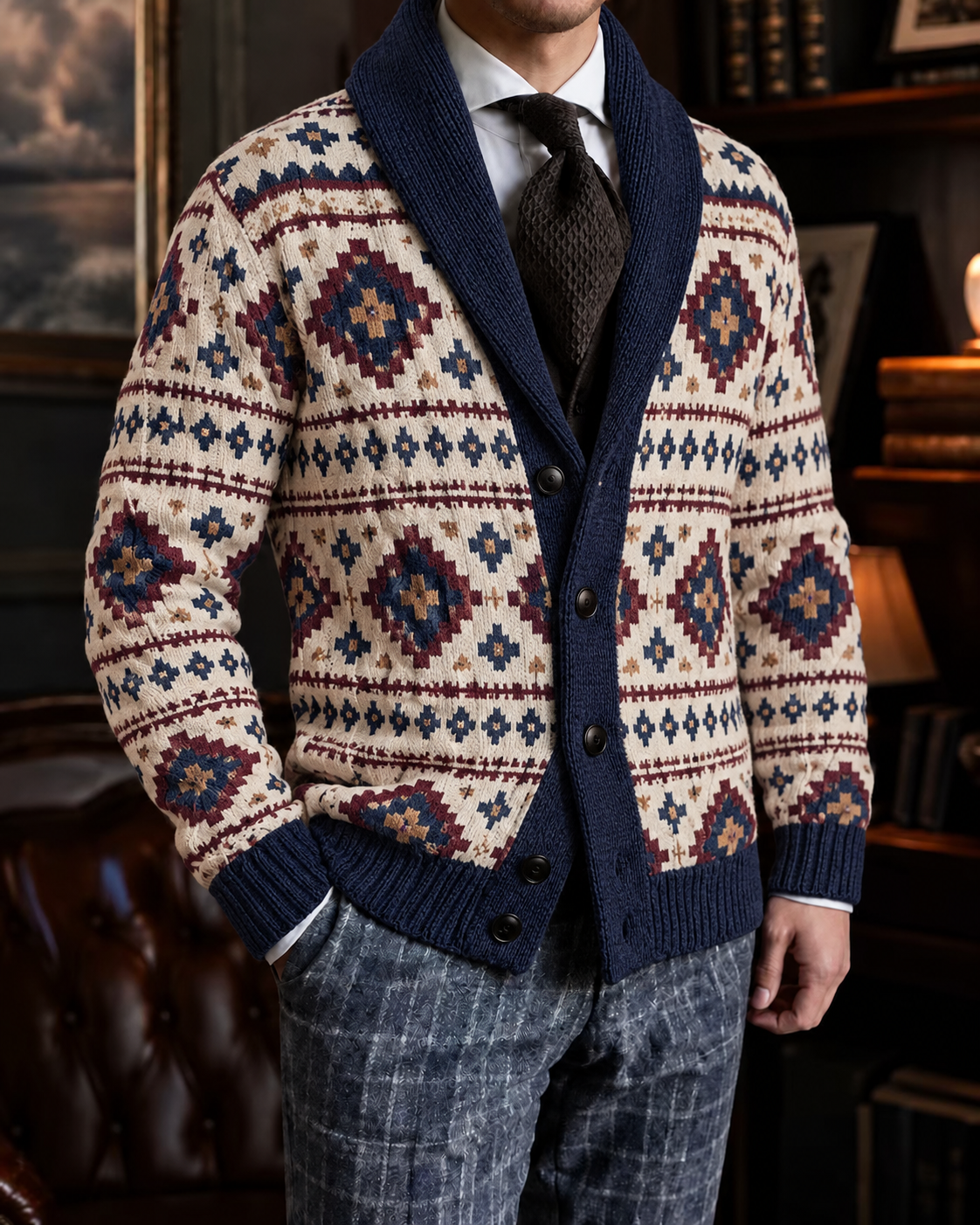 Men's Fall Winter Vintage Art Print Shawl Collar Button-Up Knit Cardigan