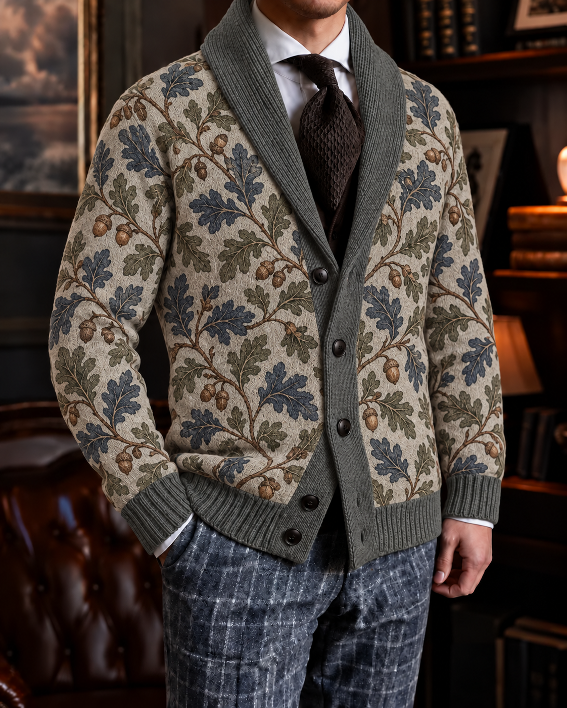 Men's Fall Winter Vintage Art Print Shawl Collar Button-Up Knit Cardigan