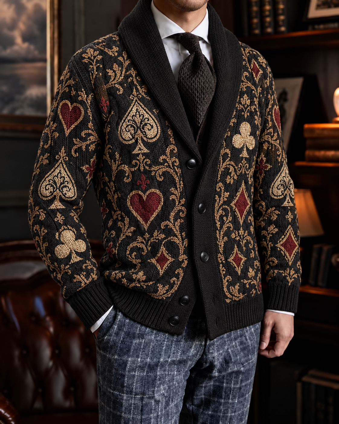 Men's Fall Winter Vintage Art Print Shawl Collar Button-Up Knit Cardigan