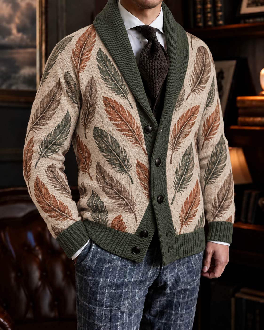 Men's Fall Winter Vintage Art Print Shawl Collar Button-Up Knit Cardigan