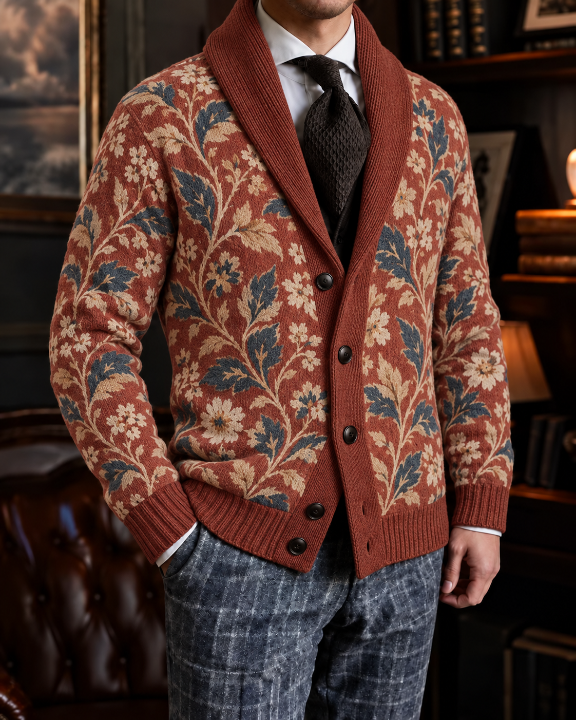 Men's Fall Winter Vintage Art Print Shawl Collar Button-Up Knit Cardigan