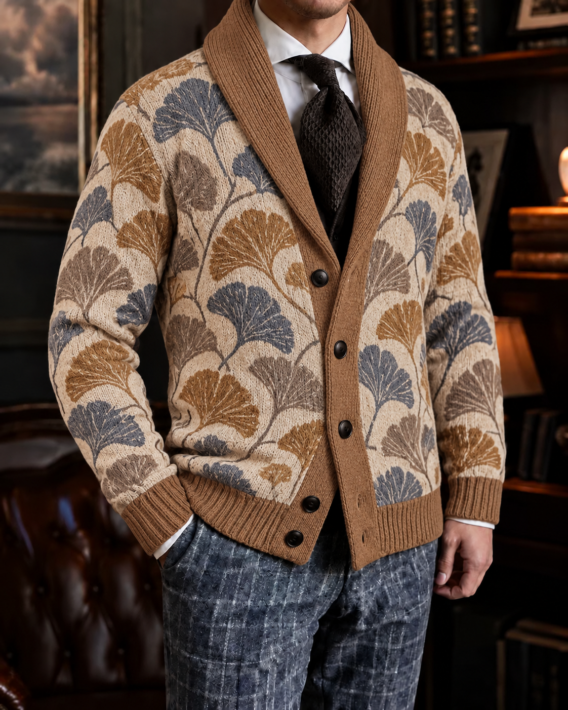 Men's Fall Winter Vintage Art Print Shawl Collar Button-Up Knit Cardigan