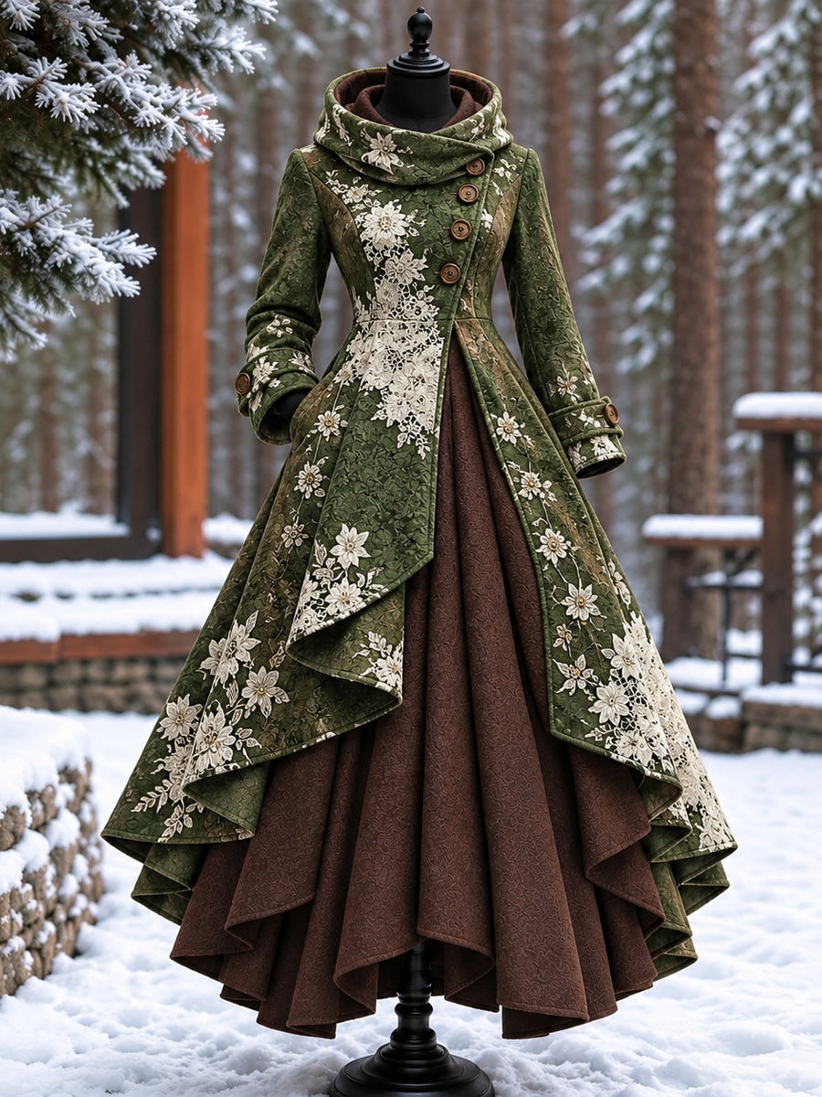 Women’s Vintage High-Collar Asymmetrical Double-Layer Hem Long Maxi Coat