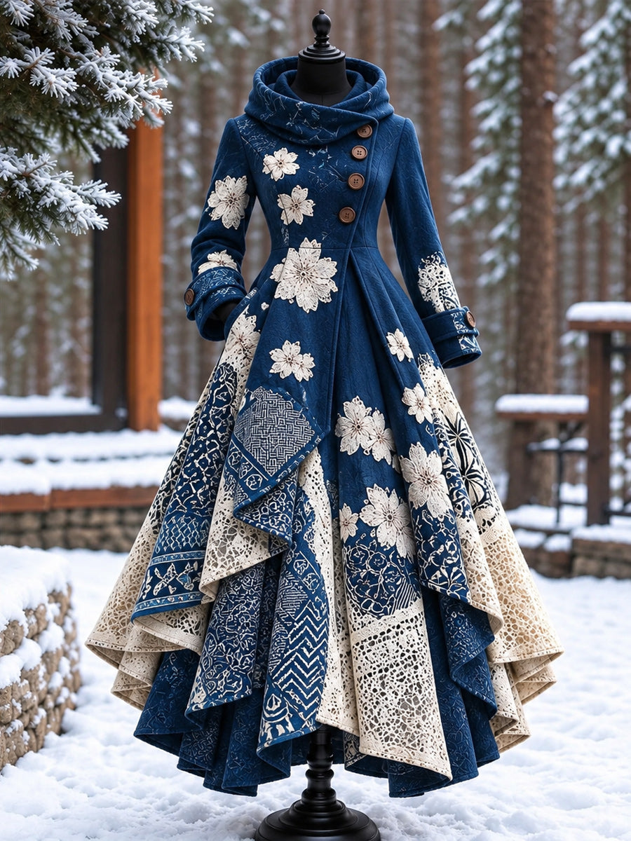 Women’s Vintage High-Collar Asymmetrical Double-Layer Hem Long Maxi Coat