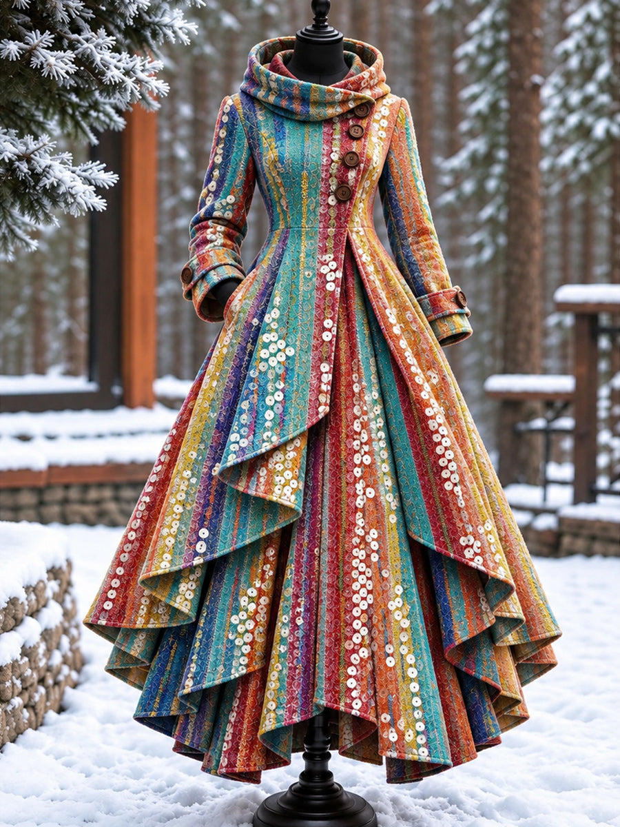 Women’s Vintage High-Collar Asymmetrical Double-Layer Hem Long Maxi Coat