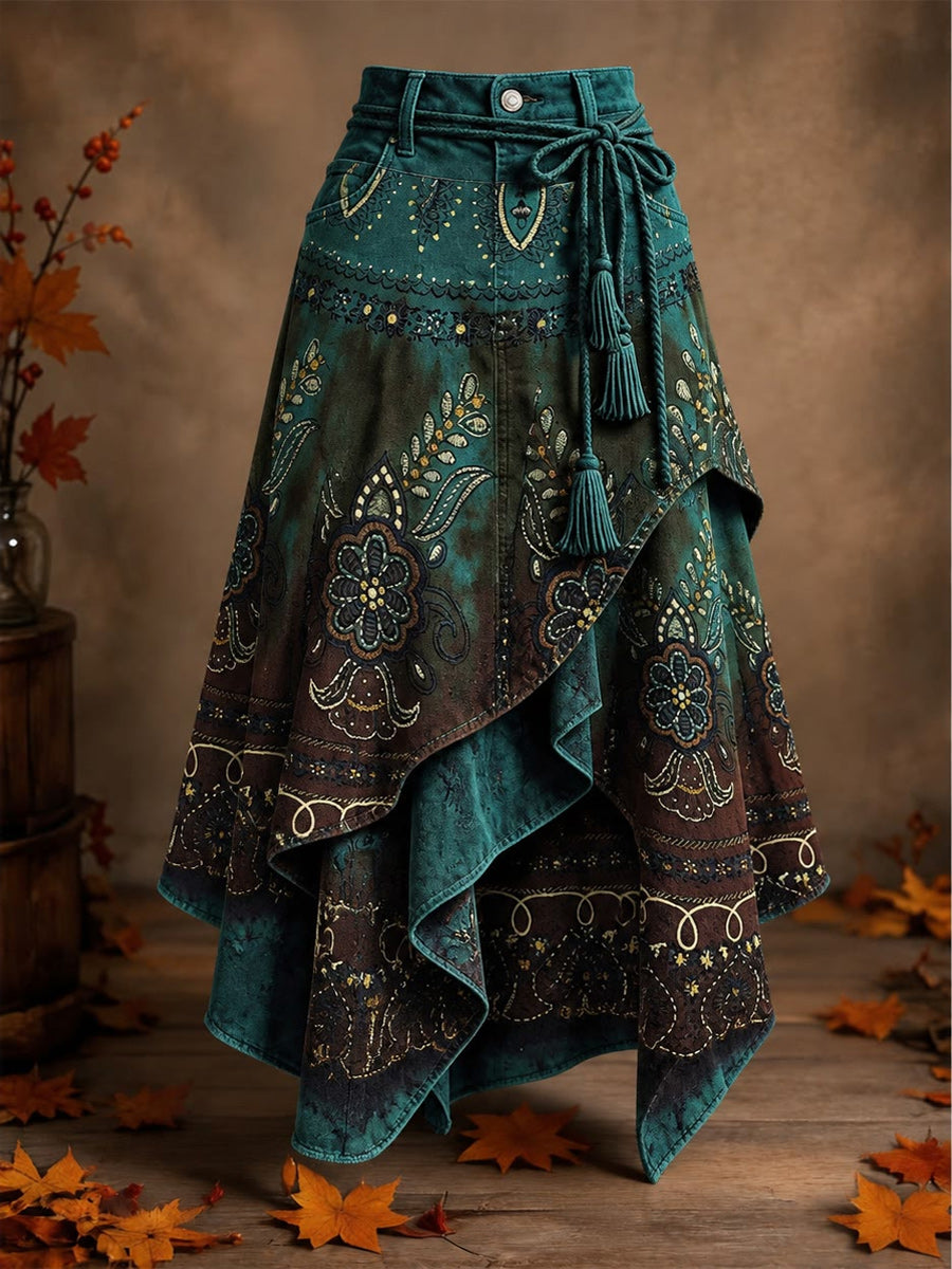 Women's Retro Style Art Print Irregularly Layered Stitched Skirt