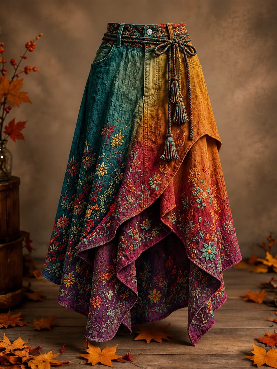 Women's Retro Style Art Print Irregularly Layered Stitched Skirt