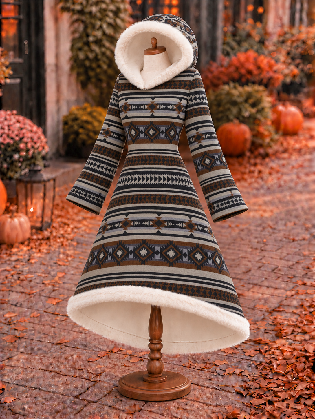 Women's Fall Winter Vintage Art Print Plush Trim Hooded Flared Maxi Dress