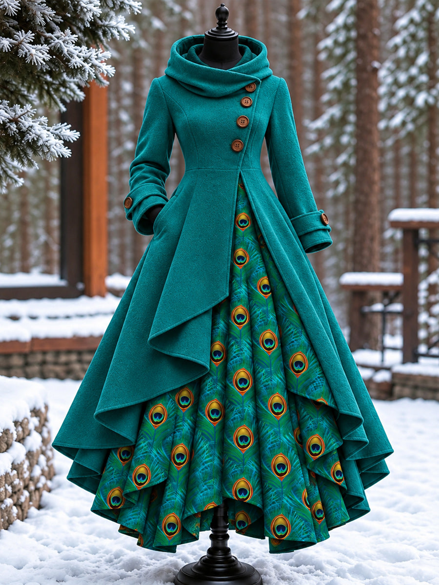 Women’s Vintage High-Collar Asymmetrical Double-Layer Hem Long Maxi Coat