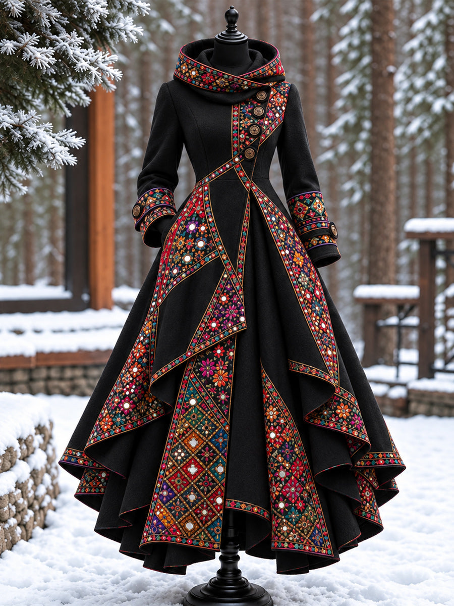 Women’s Vintage High-Collar Asymmetrical Double-Layer Hem Long Maxi Coat