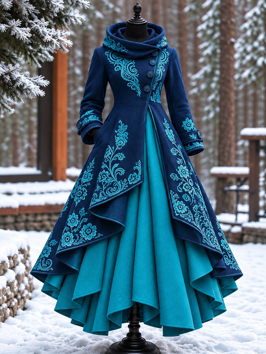 Women’s Vintage High-Collar Asymmetrical Double-Layer Hem Long Maxi Coat