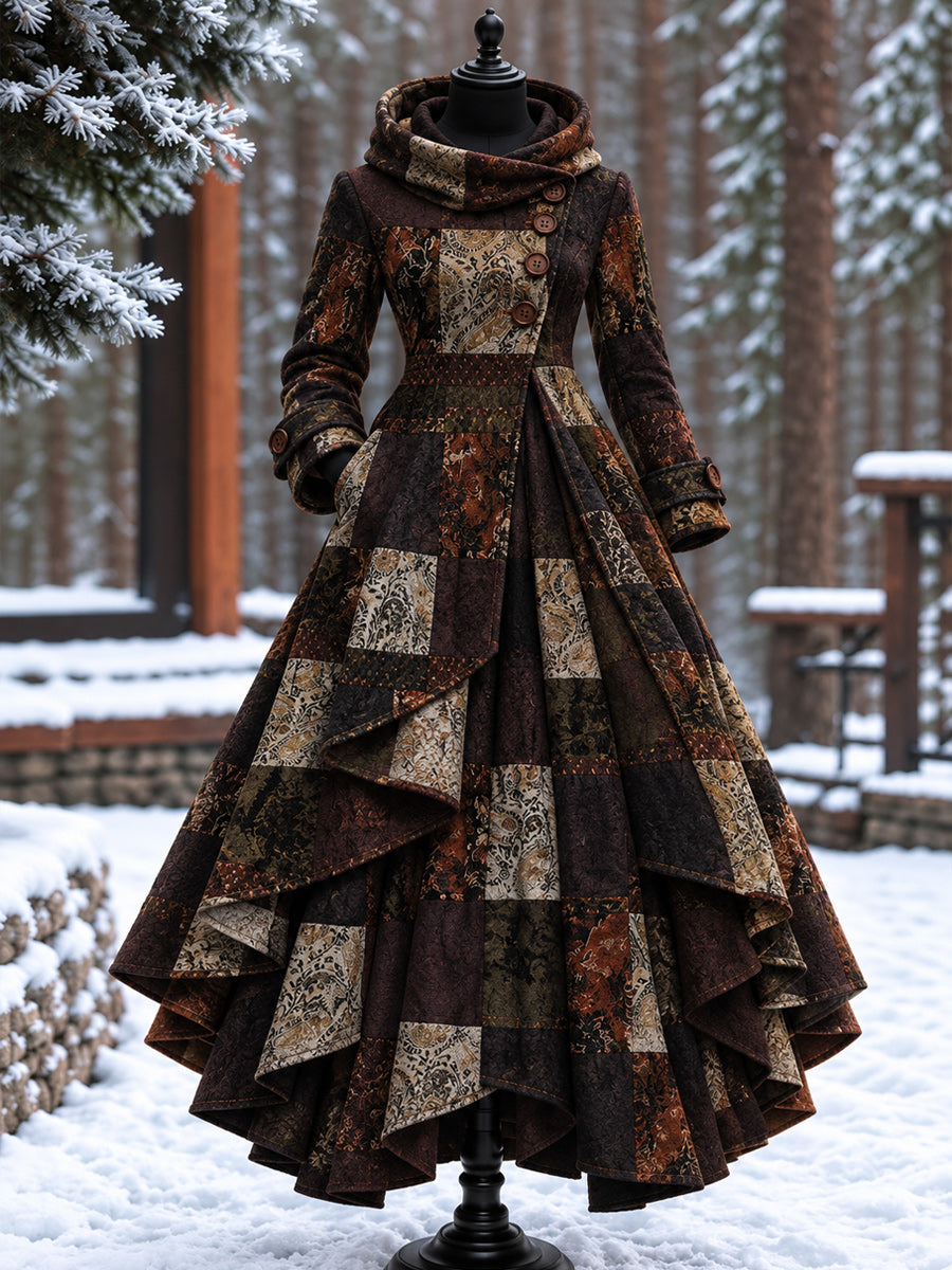 Women’s Vintage High-Collar Asymmetrical Double-Layer Hem Long Maxi Coat