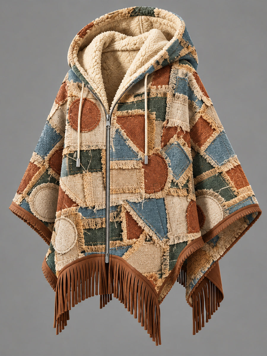 Women's Fall Winter Vintage Art Fleece-Lined Hooded Fringe Poncho