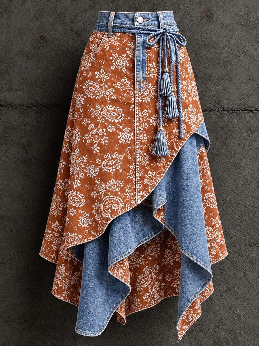 Women's Retro Style Art Print Irregularly Layered Stitched Skirt