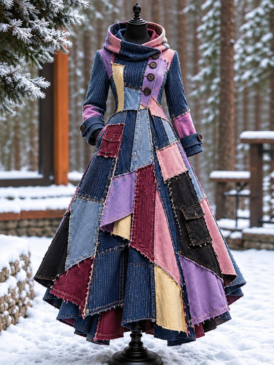 Women’s Vintage High-Collar Asymmetrical Double-Layer Hem Long Maxi Coat