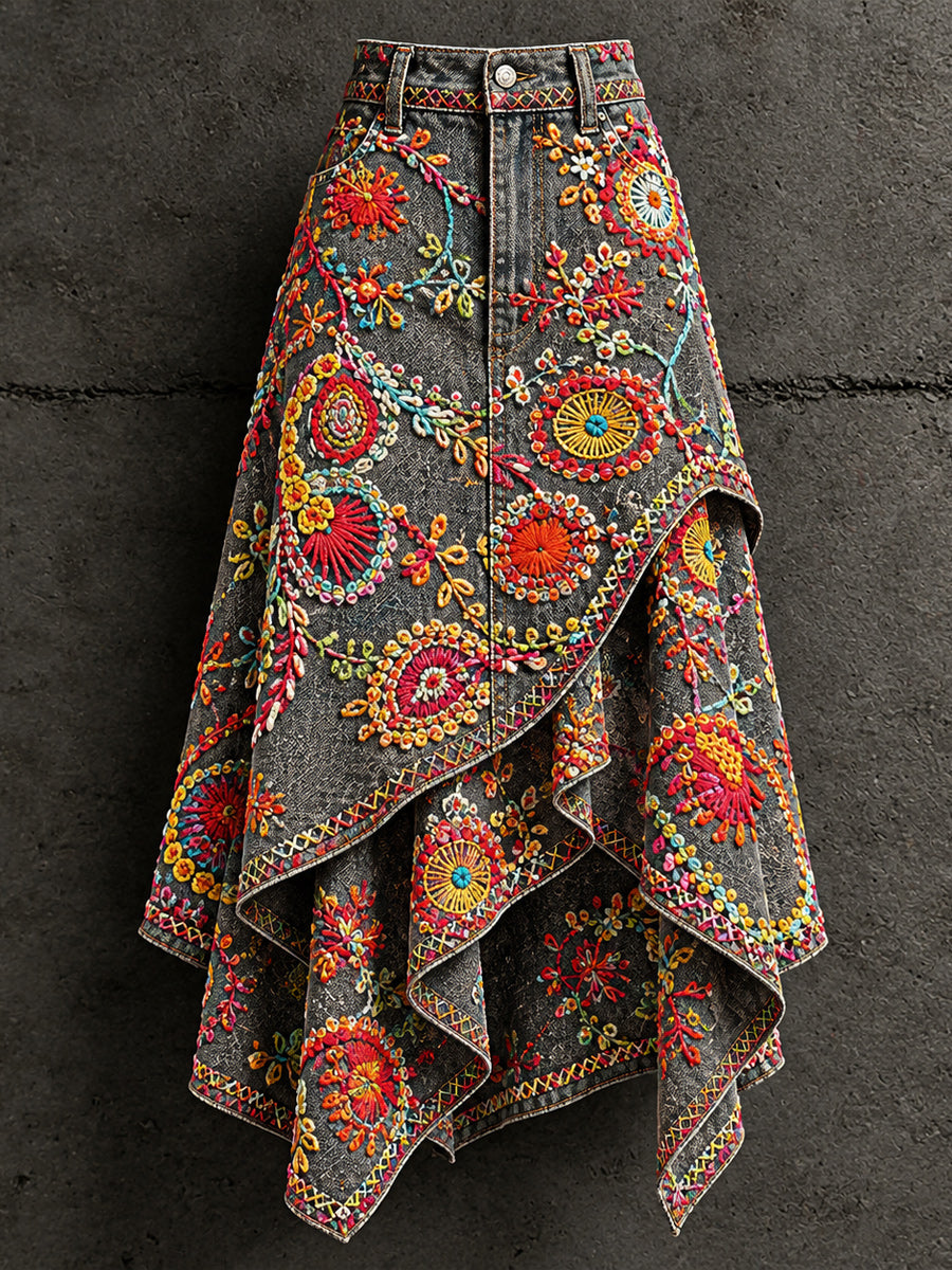 Women's Retro Style Art Print Irregularly Layered Stitched Skirt