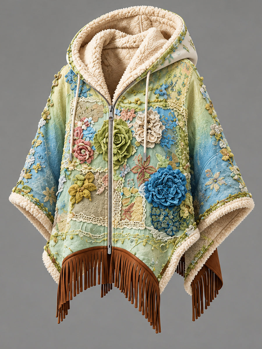 Women's Fall Winter Vintage Art Fleece-Lined Hooded Fringe Poncho