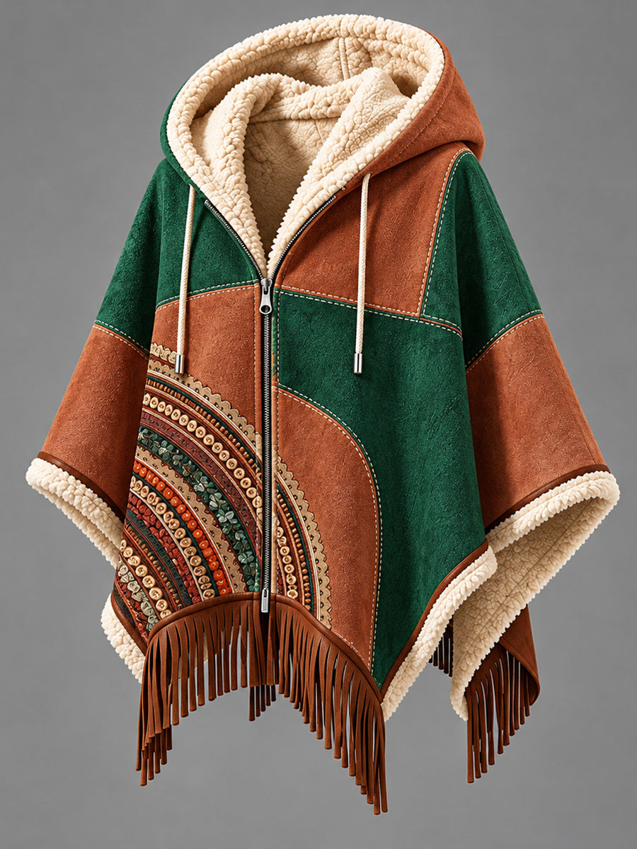 Women's Fall Winter Vintage Art Fleece-Lined Hooded Fringe Poncho