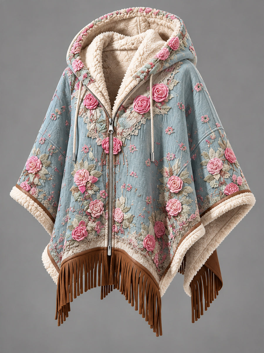 Women's Fall Winter Vintage Art Fleece-Lined Hooded Fringe Poncho