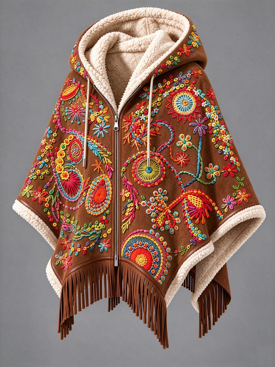 Women's Fall Winter Vintage Art Fleece-Lined Hooded Fringe Poncho