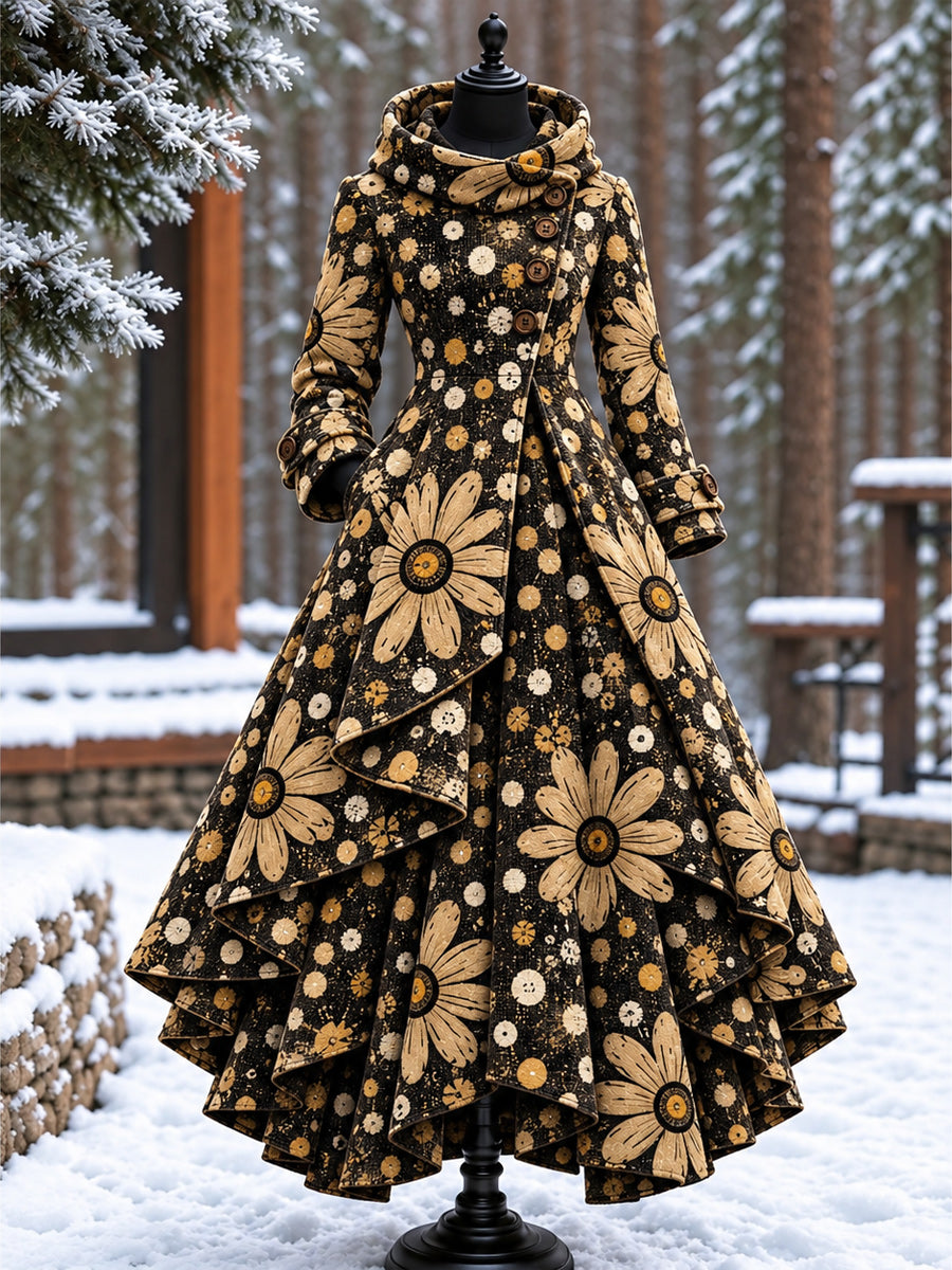 Women’s Vintage High-Collar Asymmetrical Double-Layer Hem Long Maxi Coat