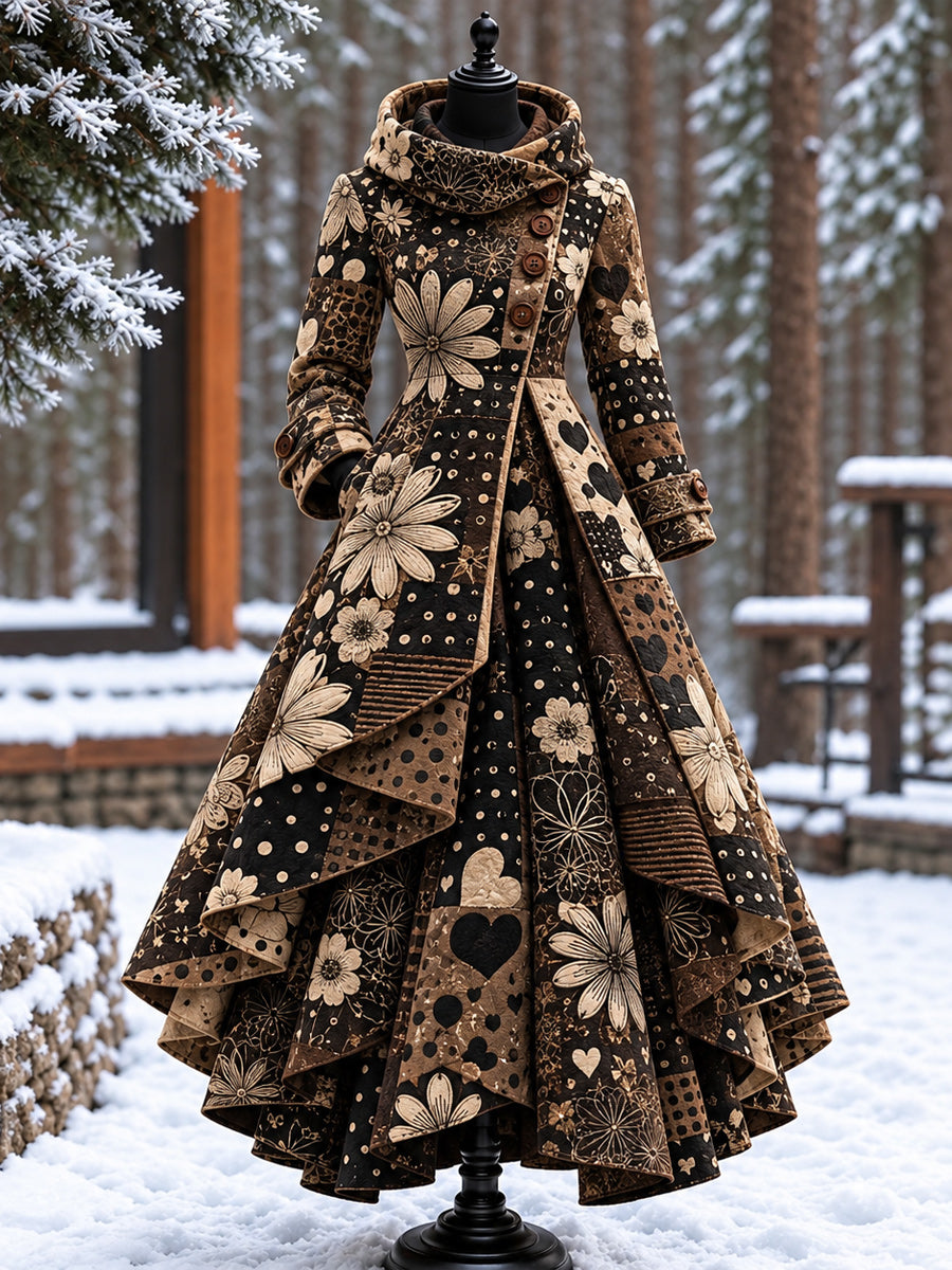 Women’s Vintage High-Collar Asymmetrical Double-Layer Hem Long Maxi Coat