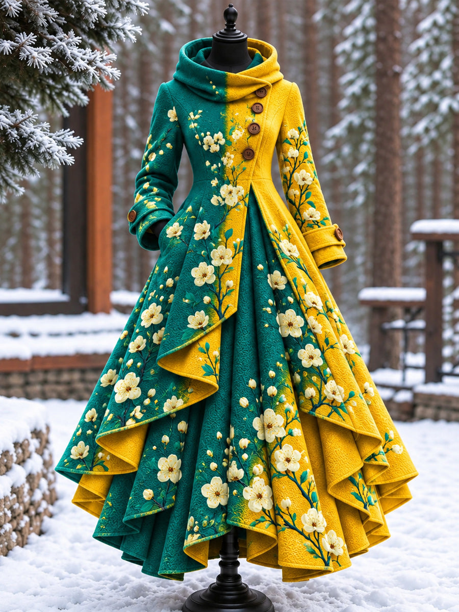 Women’s Vintage High-Collar Asymmetrical Double-Layer Hem Long Maxi Coat