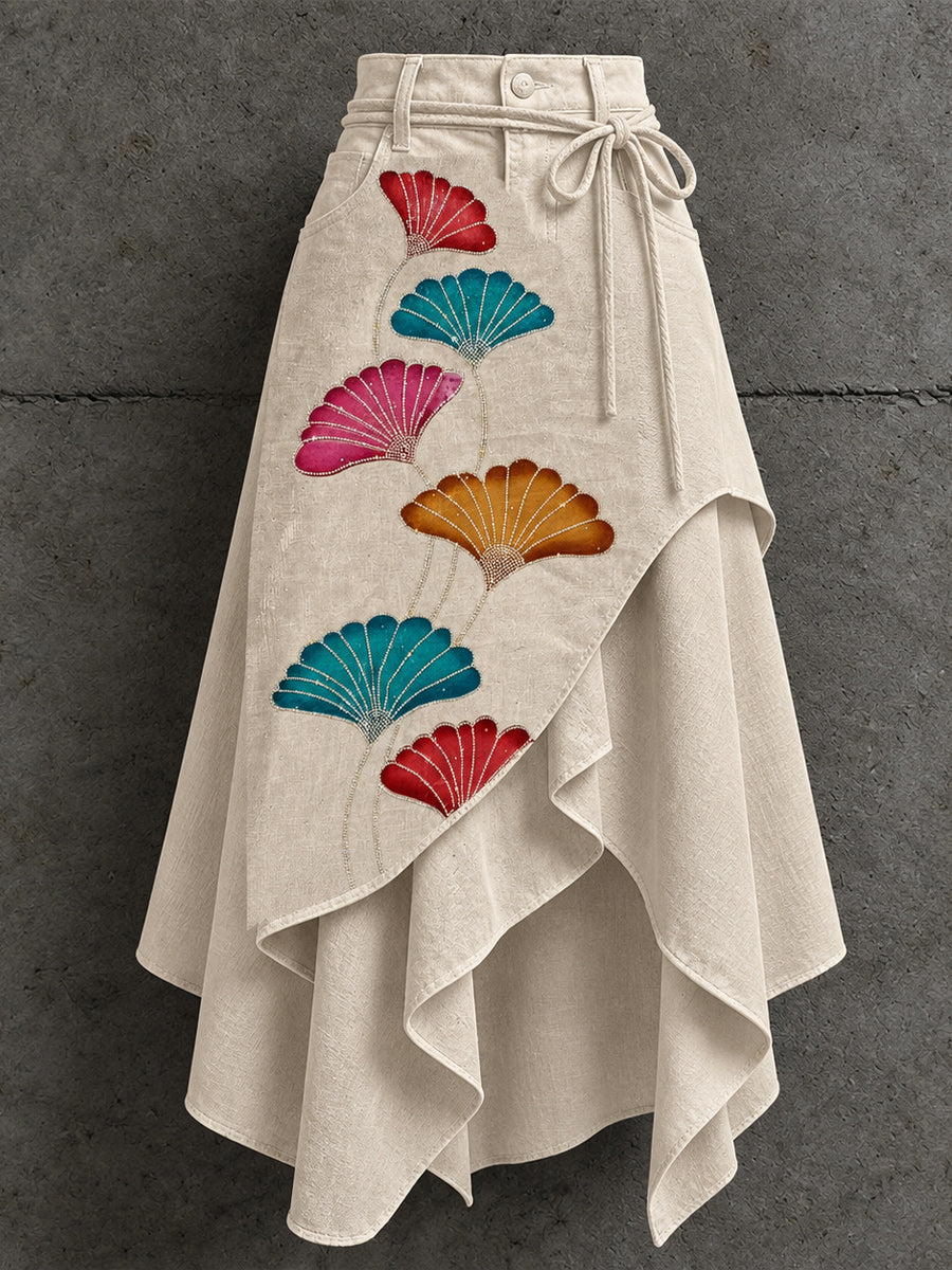 Women's Retro Style Art Print Irregularly Layered Stitched Skirt