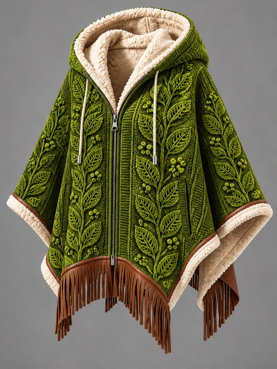 Women's Fall Winter Vintage Art Fleece-Lined Hooded Fringe Poncho