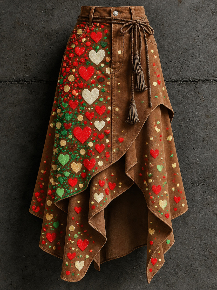 Women's Retro Style Art Print Irregularly Layered Stitched Skirt