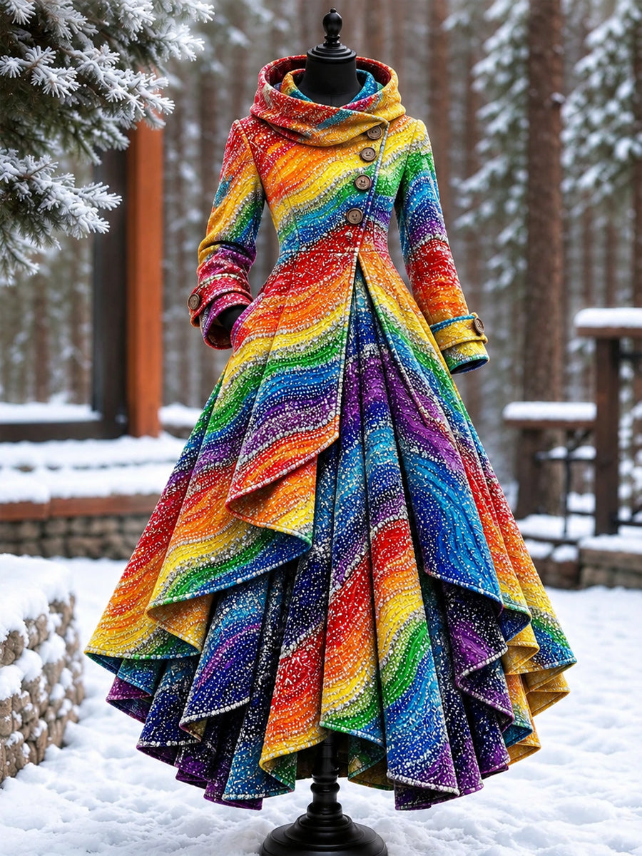 Women’s Vintage High-Collar Asymmetrical Double-Layer Hem Long Maxi Coat