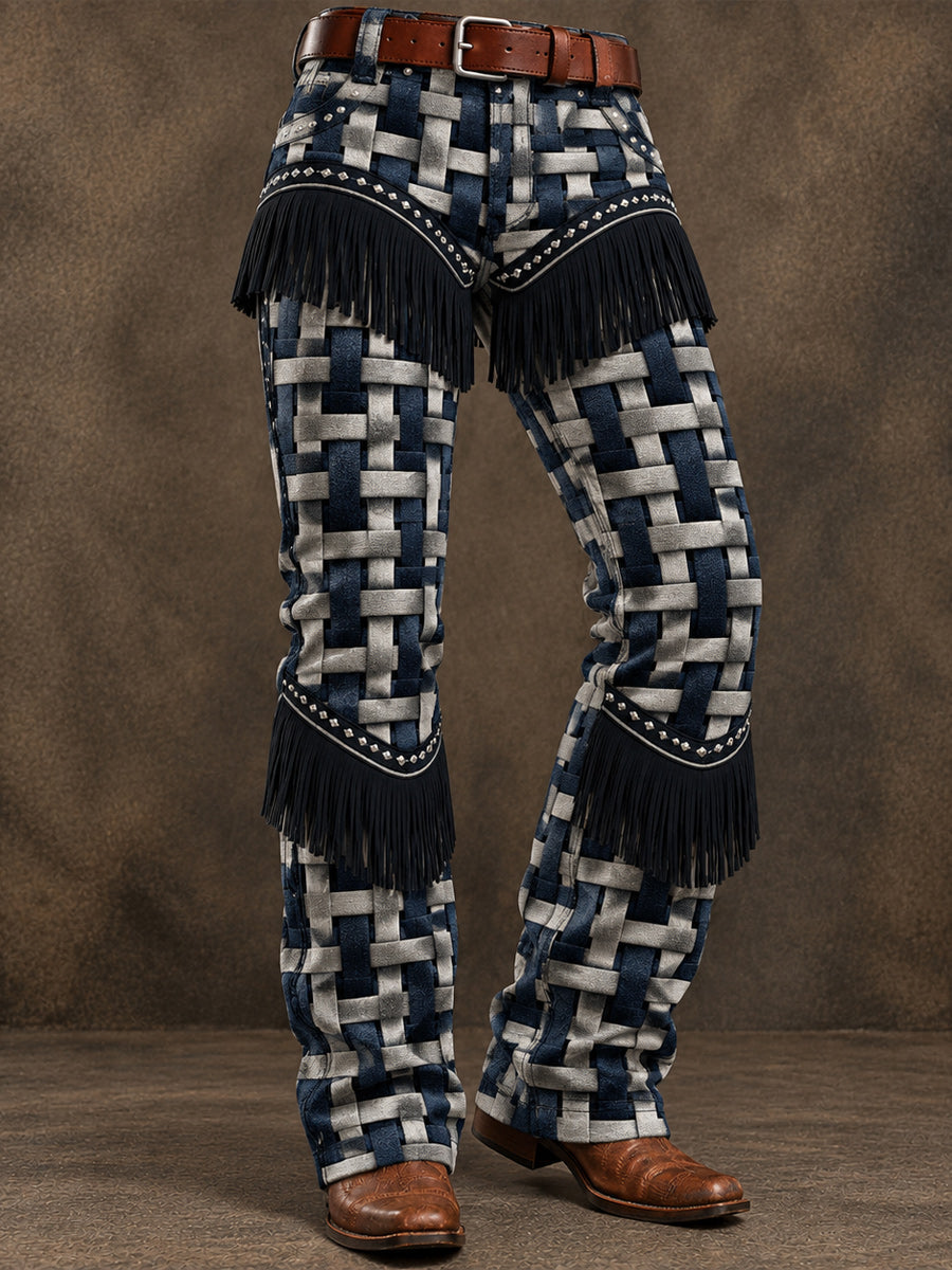 Men's Retro Art Print Casual Tassel Workwear Trousers