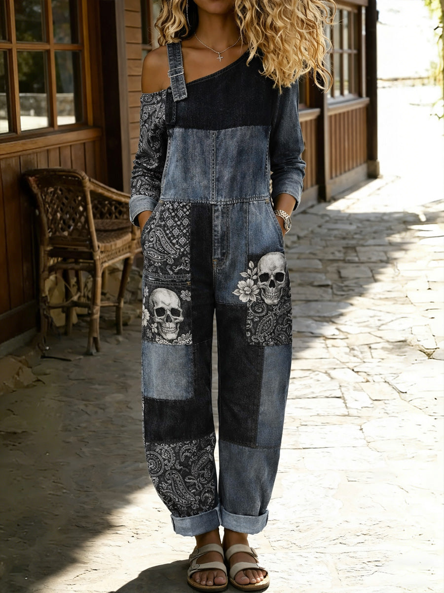 Women's Retro Floral Color-Blocked Art Print Washed Cotton Denim Patchwork Jumpsuit