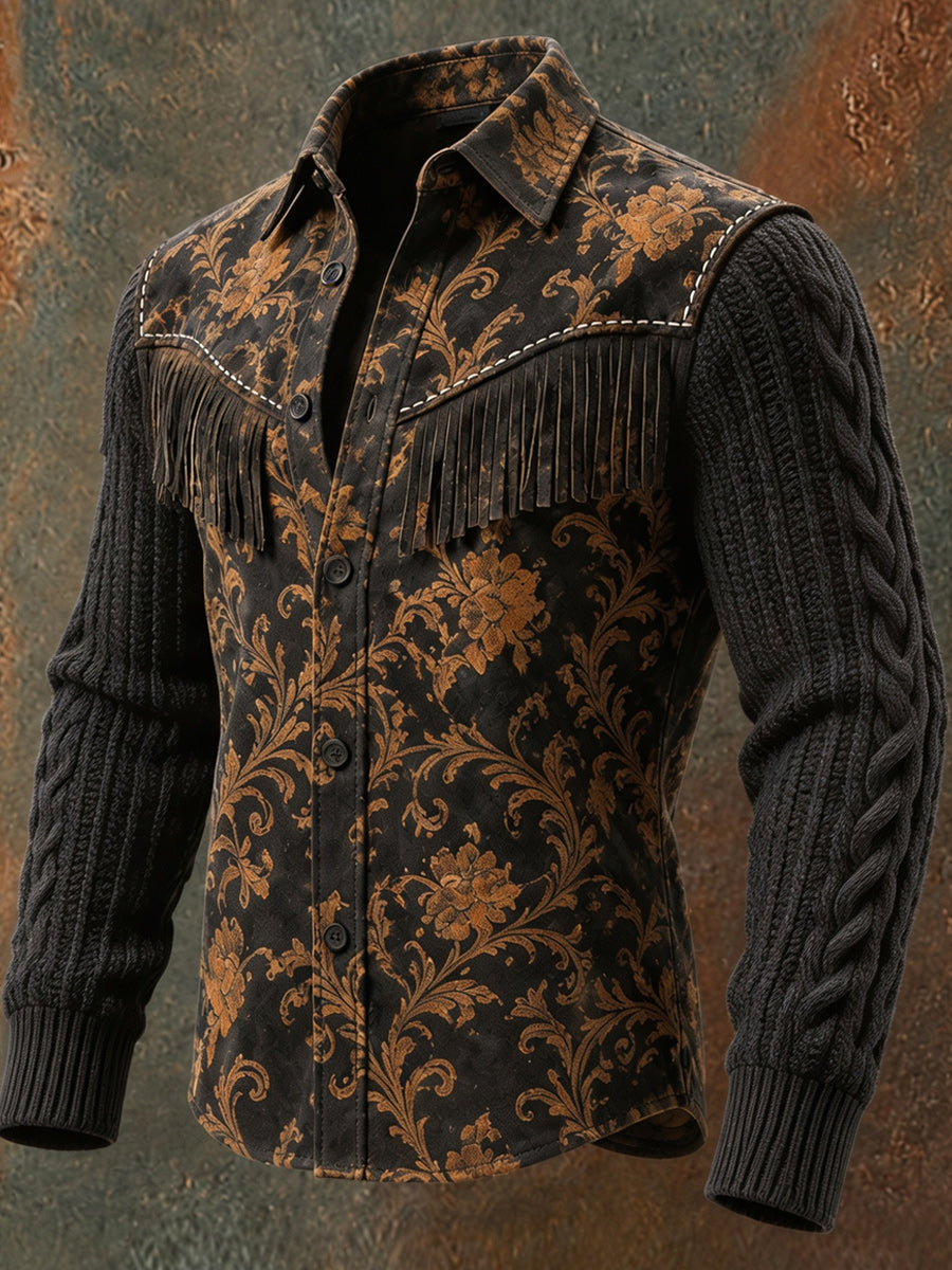 Men's Retro Style Art Print Western Vintage Tassel Casual Long Sleeve Shirt