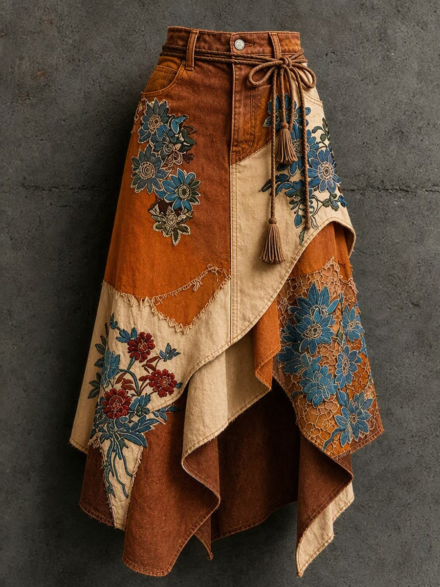 Women's Retro Style Art Print Irregularly Layered Stitched Skirt