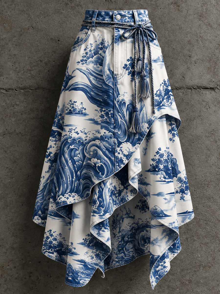 Women's Retro Style Art Print Irregularly Layered Stitched Skirt