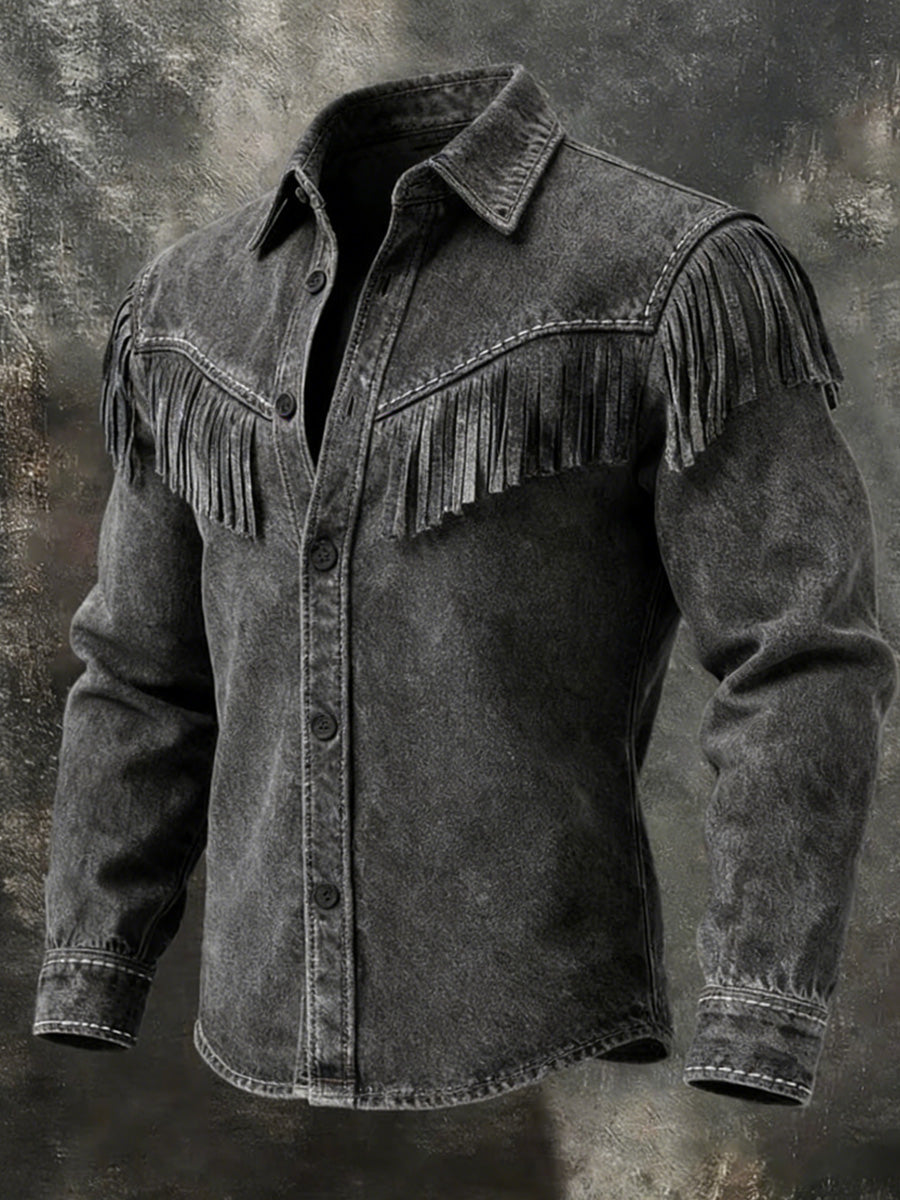 Men's Retro Western Style Art Print Vintage Tassel Casual Long Sleeve Shirt