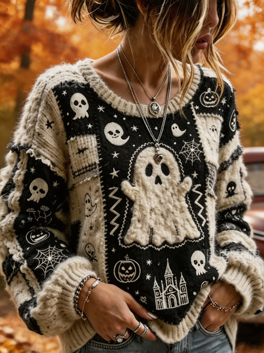 Retro Autumn Art Printed Vintage Round-Neck Casual Long Sleeve Top