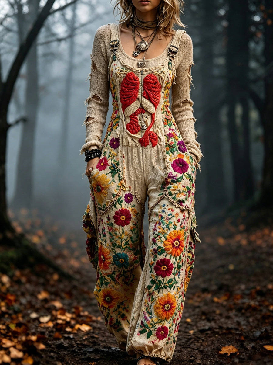 Women's Retro Autumn Style Art Print Washed Cotton Denim Patchwork Jumpsuit