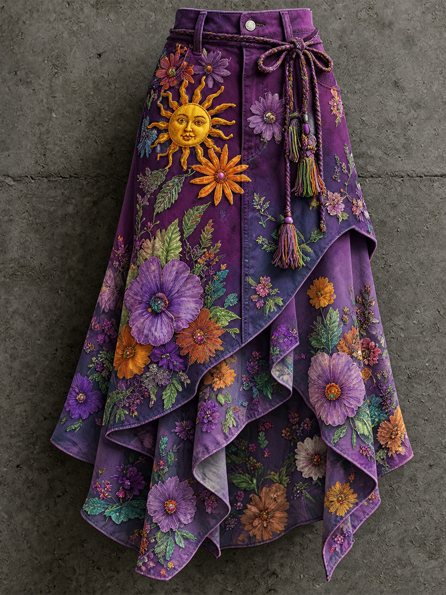 Women's Retro Style Art Print Irregularly Layered Stitched Skirt